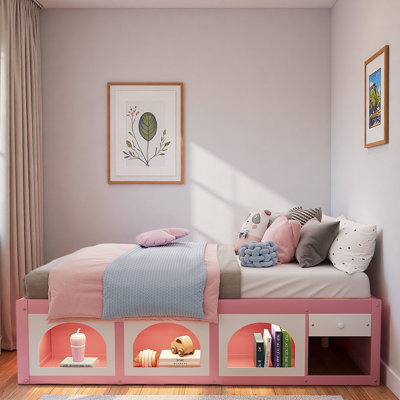 Wooden Platform Bed With Bookshelf, Display Cabinet, Led Light And Drawer