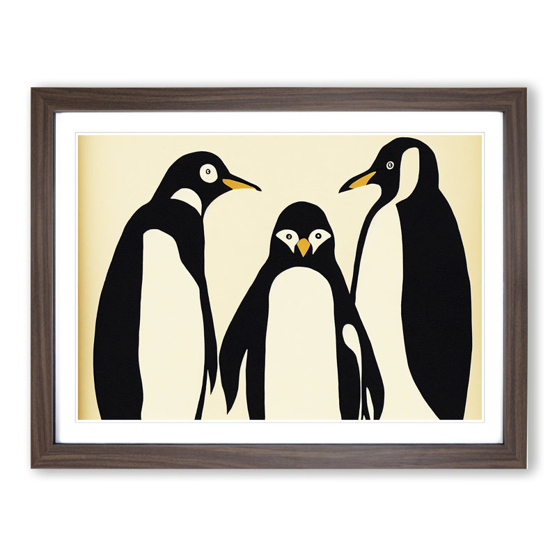 Three Penguins Abstract - Single Picture Frame Print, 46cm H x 64cm W x 2cm D, Walnut Framed