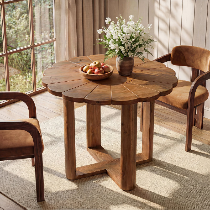 31.5-Inch Round Dining Table with Carved Floral Pattern, Solid Wood Farmhouse Kitchen Table for 2-4, Small Dining Table for Dining Room, Apartments, Small Place