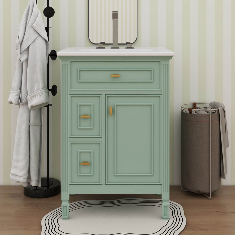 Meuble-lavabo autonome de 24 po avec lavabo - un tiroir rabattable, deux tiroirs ordinaires et une tablette réglable, Vert
