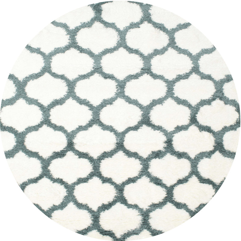 Tapis contemporain blanc / vert, Rond 8 pi