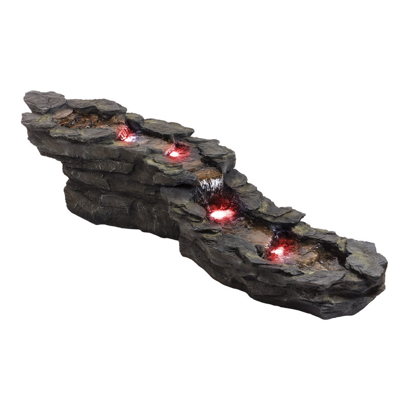 Hamby Resin Tiered Rocky River Stream Fountain with Color Changing LED Light, 19" H x 76" W x 22" D
