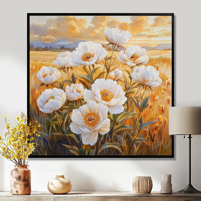 Pivoines dans un champ d'automne chaud II - pivoines, art mural, H 36 po x l 36 po, Noir, noir, noir, noir