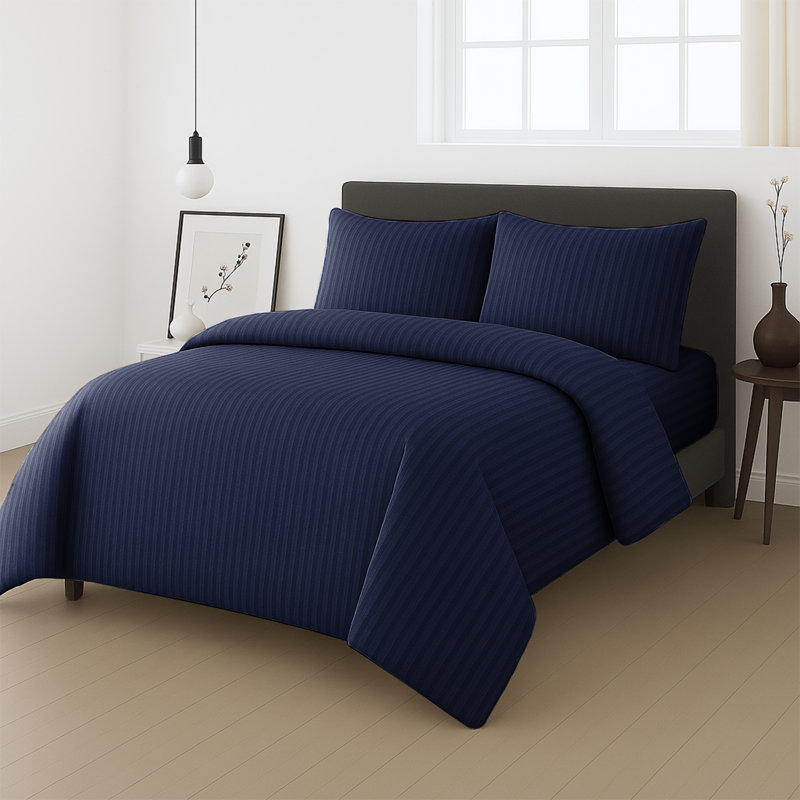 Microfiber Stripe Duvet Complete Set With Striped Pillows & Fitted Sheet, Navy, Kingsize Duvet +1 Fitted Sheet +2 Pillowcases