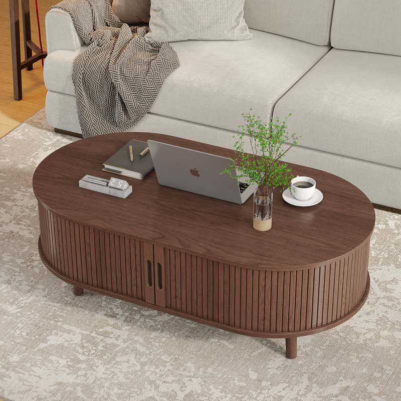 Coffee Table 42.5"W, Mid Century Modern Coffee Table With 360° Sliding Tambour Doors, Fluted Accent Center Table With Storage, Oval Small Coffee Table For Living Room