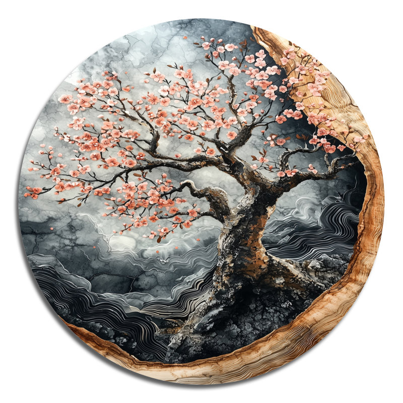 Joquita II - art mural rond en cerisier en fleurs, H 29 po x l 29 po