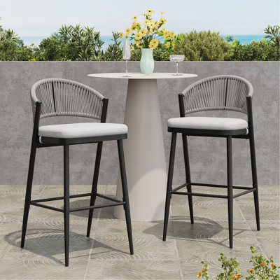 Outdoor 30.25" Seat Height Metal Frame Barstools With PE Rattan Scallop-Shaped Backrest, Set Of 2, Matte Black