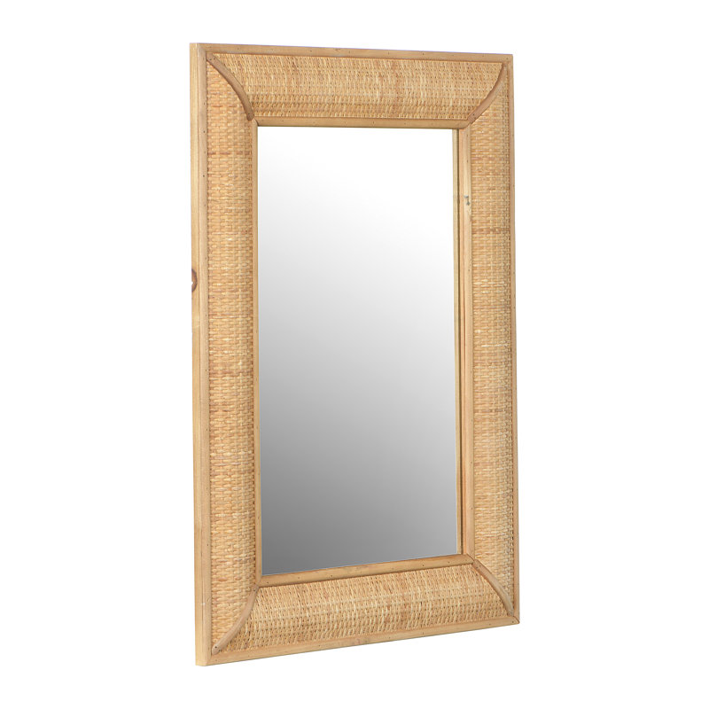 Rectangle Wood Framed Wall Mirror with Rattan Detail, Natural