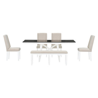 6-Piece Classic Dining Table Set, Rectangular Extendable Dining Table With Two 12""W Removable Leaves And 4 Upholstered Chairs & 1 Bench For Dining Roo -  STYLISH, OKKK612-ST000088AAB