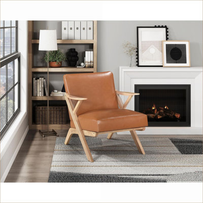 Chaise d'appoint en bois d'hévéa massif au fini naturel, revêtement en similicuir brun clair, sièges de salon pour adultes
