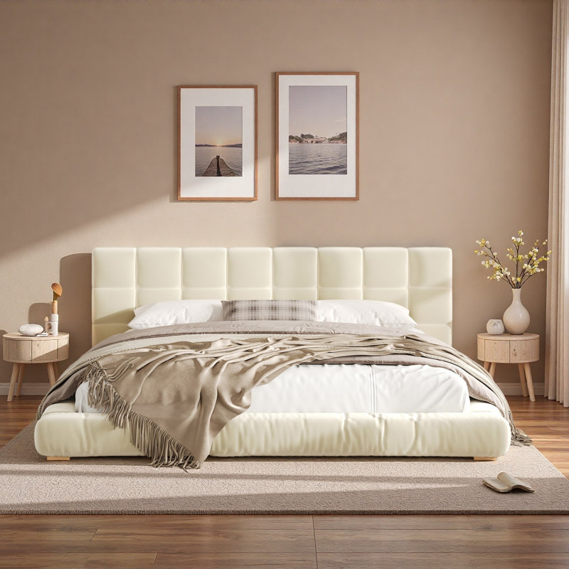 Lit plateforme tapissier à profil bas avec tête de lit capitonnée Channel, Très grand lit, Beige