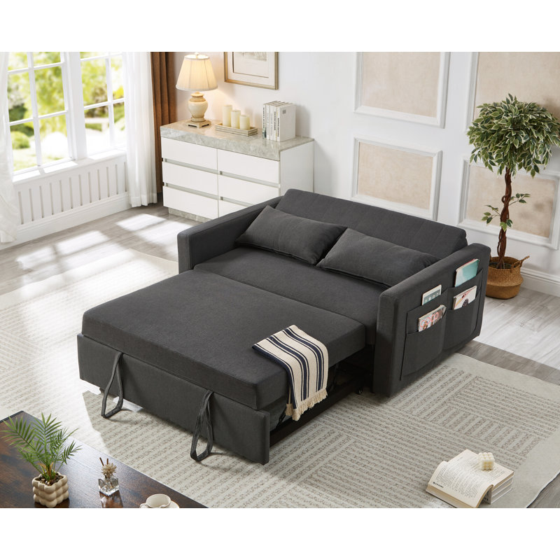 Lateresa 54'' Small Loveseat Pull-Out Sofa Bed - Adjustable Backrest With 2 Soft Pillows, Black