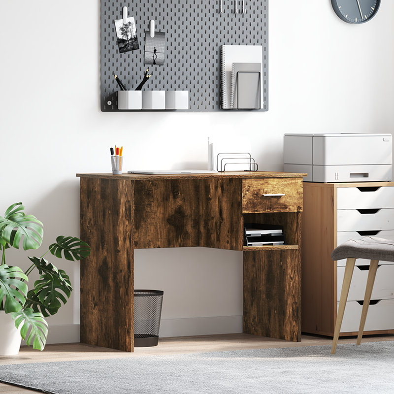 Desk With Storage 90X49.5X75 Cm Engineered Wood, Smoked Oak