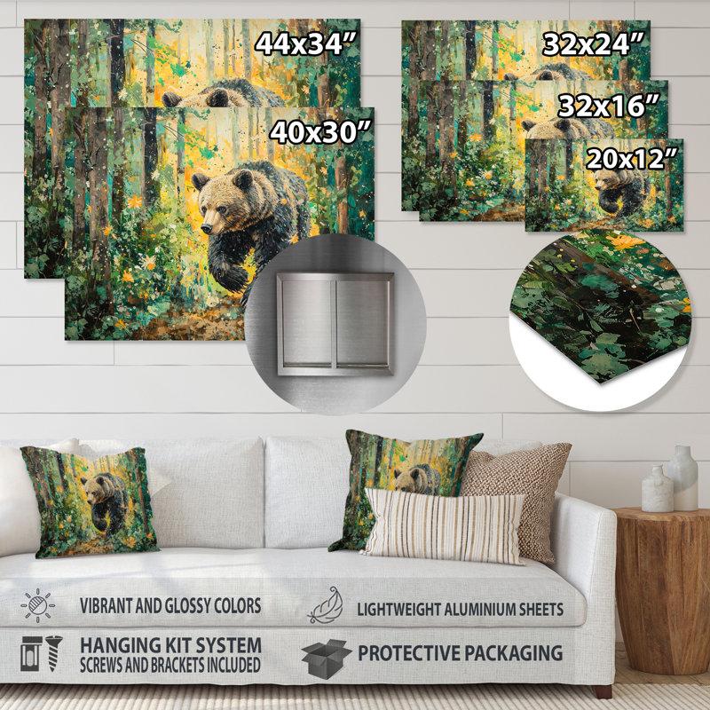 Ours dans la forêt du printemps II - reproduction d'ours sur métal, H 28 po x l 60 po