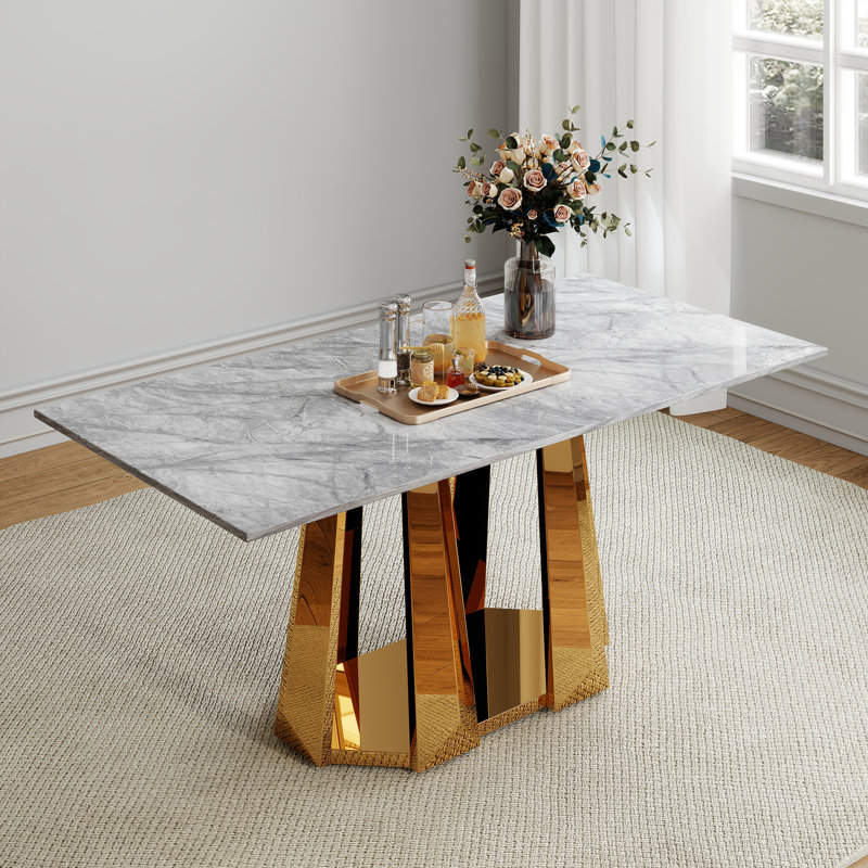 Table de salle à manger rectangulaire 70 "pour 6 à 8 personnes avec base en acier inoxydable 70", Doré, Gris