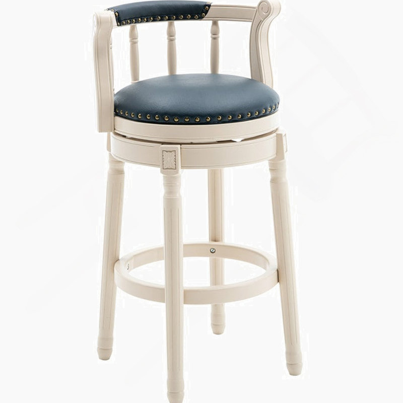 Sturdivant Genuine Leather Swivel Wooden, Bar Stool (29" Seat Height), Blue Leather/ Beige Frame