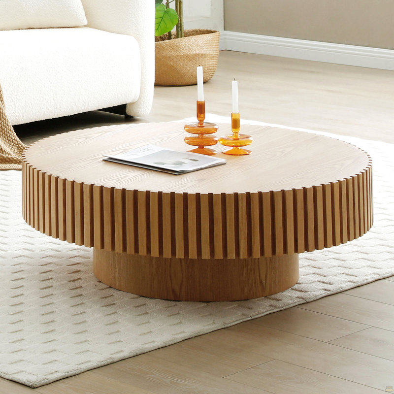 Table basse ronde en bois 35,43 po, Bois de frêne naturel