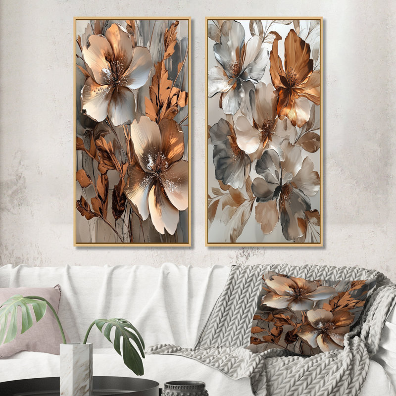 Cuivre métallique et chrome fleurs abstraites I - Collection de 2 toiles abstraites sur toile, H 28 po x l 25 po