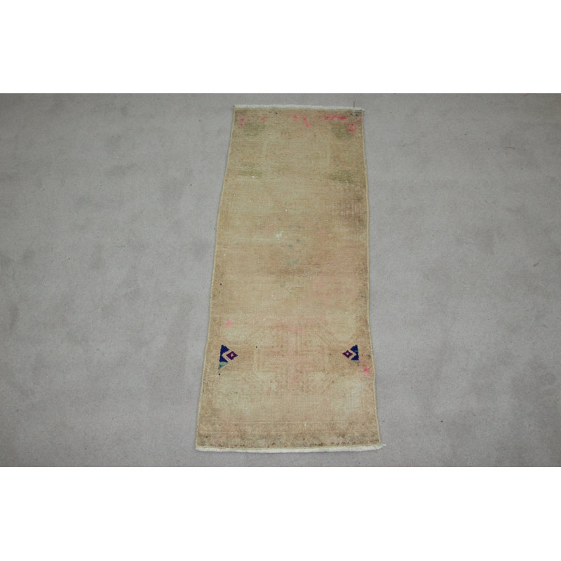Petit tapis turc Oushak rétro beige avec laine colorée tissée à la main pour la décoration de la cuisine et le paillasson