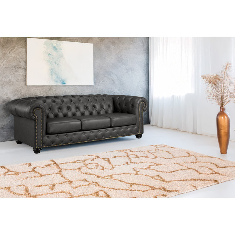 Orner 93" Leather Rolled Arm Chesterfield Sofa, Charcoal Leather Match