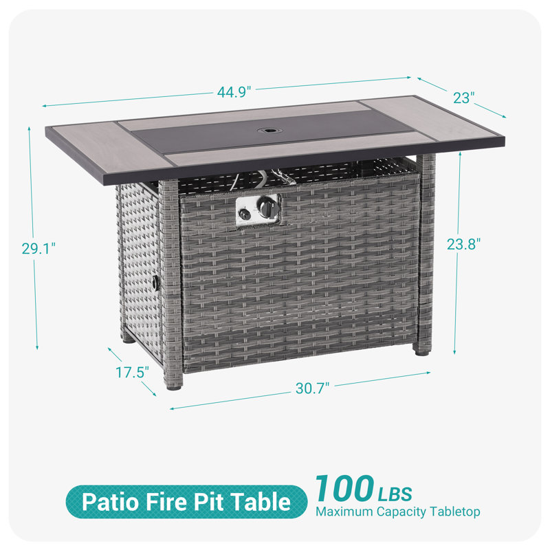 45'' Propane Gas Fire Pit Table with PE Rattan, Hidden Fuel Tank Storage & Lid for Patio CSA-Listed Outdoor Fire Pit Table with Fire Glass Beads