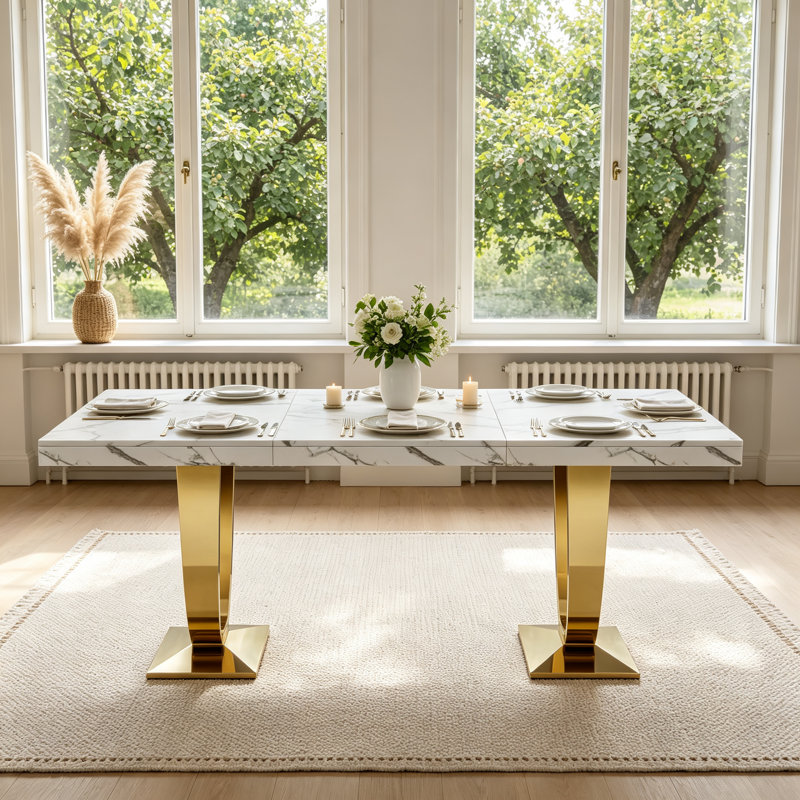 Table de salle à manger rectangulaire moderne et luxueuse de 70 pouces avec plateau imprimé marbre blanc et pied central en acier inoxydable pour la cuisine