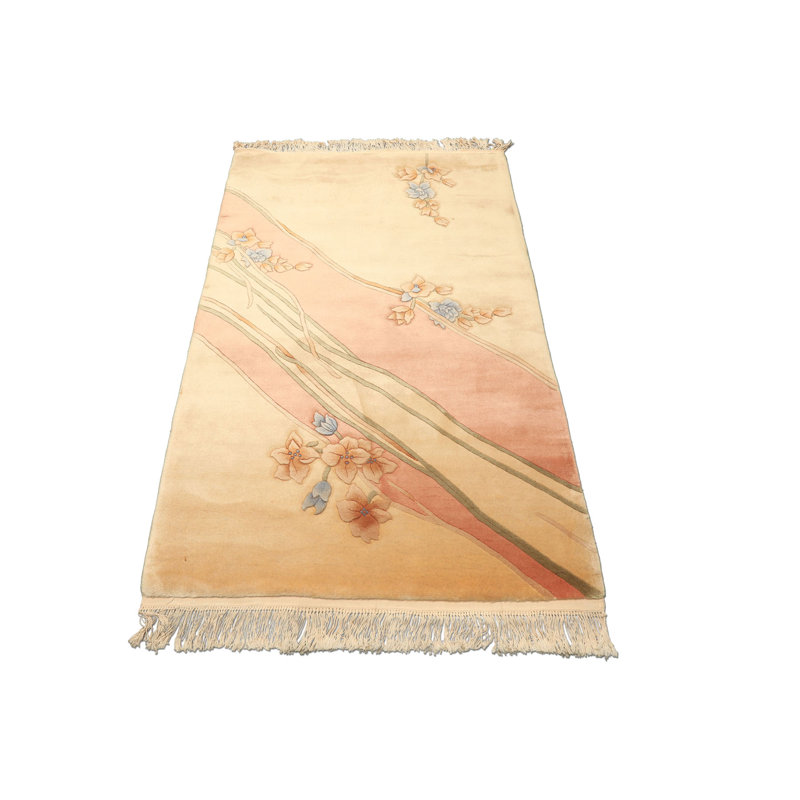 Tapis traditionnel beige en laine noué à la main 3 pi 11 po x 6 pi Aubusson Savonerrie