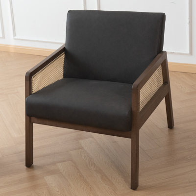 Chaise d'appoint rembourrée avec accoudoirs en maille de rotin, similicuir noir