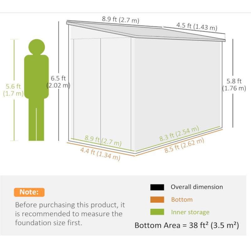 Outsunny 4.6' x 9' Steel Outdoor Storage Shed, Metal Tool House with Lockable Doors, Foundation Kit, 2 Air Vents, Gloves, Lean to Shed, Gray