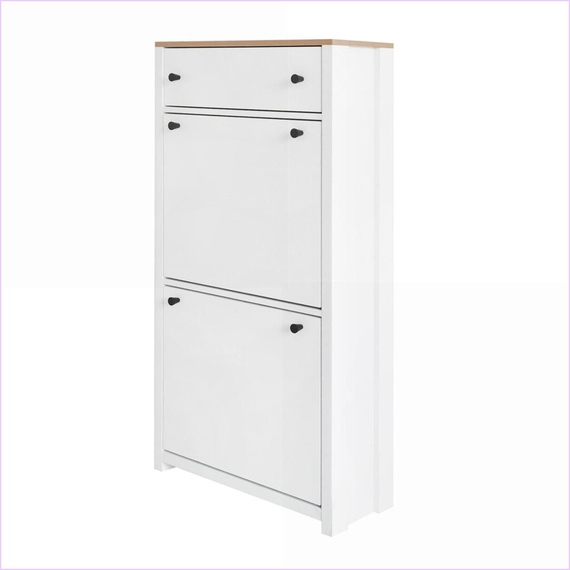 Shoe Cabinets with Adjustable Panels &amp; 3 Drawers, 12-Pair Capacity, Off-White &amp; Wood Grain, Contemporary | Hallway