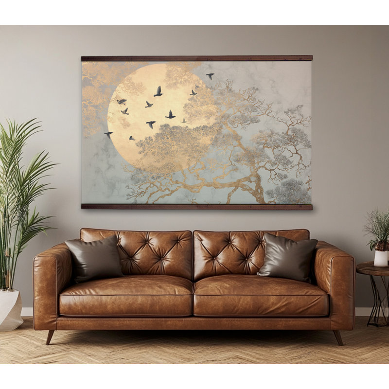 Reproduction d'art sur toile encadrée, "Golden Moon and Birds", H 40 po x l 60 po