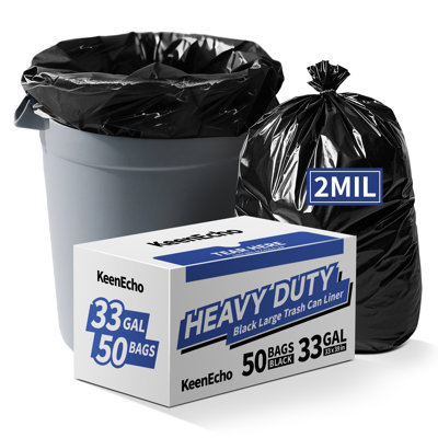 Keenecho Heavy Duty Contractor Trash Bags 30-33 Gallon 50 Count, 2 Mil Extra Thick, Strong Black Garbage Bags, Leakproof Star Seal For Construction, Yard, Demolition Debris