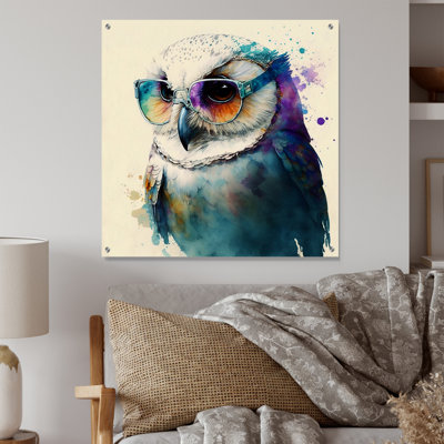 Hibou blanc froid avec lunettes de soleil Funky III - art mural acrylique hibou pour le salon