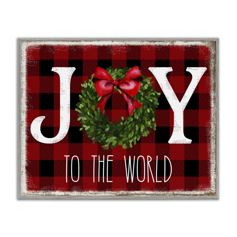 " Joy To World Christmas Charm Buffalo Plaid " by Deborah Brown, Farmhouse Grey Framed Giclee, 30" H x 24" W