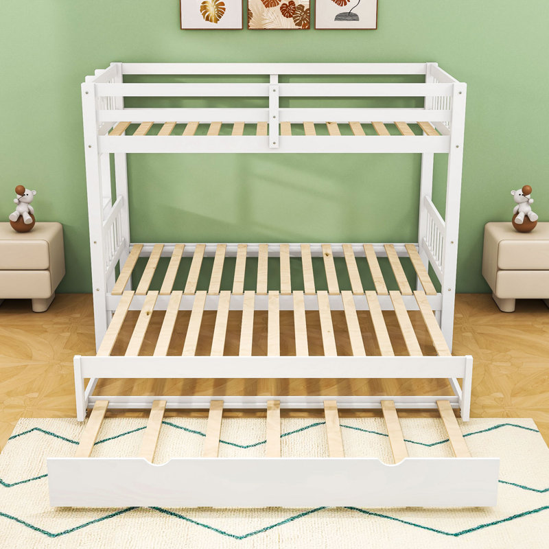 Lit simple superposé en bois avec garde-corps et lit gigogne, Blanc