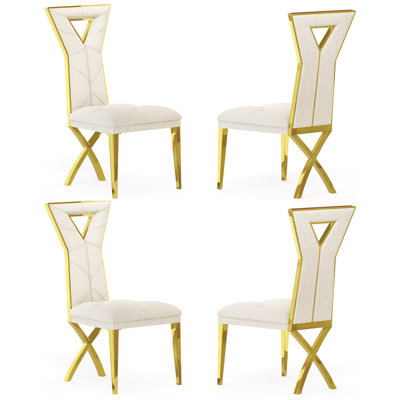 Glam White Chenille Dining Room Chairs With Polished Gold X-Shaped Legs Set Of 4 by Rosdorf Park