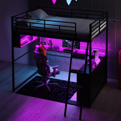 Lit mezzanine double en métal avec options de rangement à DEL, de bureau et utilitaires - caractéristique à DEL noire, 4 niveaux