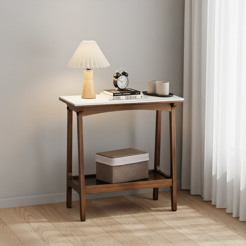 Narrow Slate Side Table with Storage Shelf