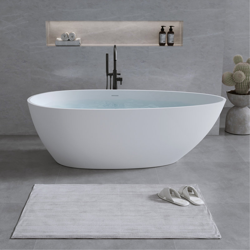 59" Solid Surface Matte Tub, Freestanding Solid Surface Resin Stone Bathtub Solid Surface Matte White Soaking Tub Free Standing Tub With Overflow And Pop-Up Drain, Matte White