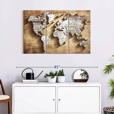 " Carved Wood World Map " 3 - Pieces