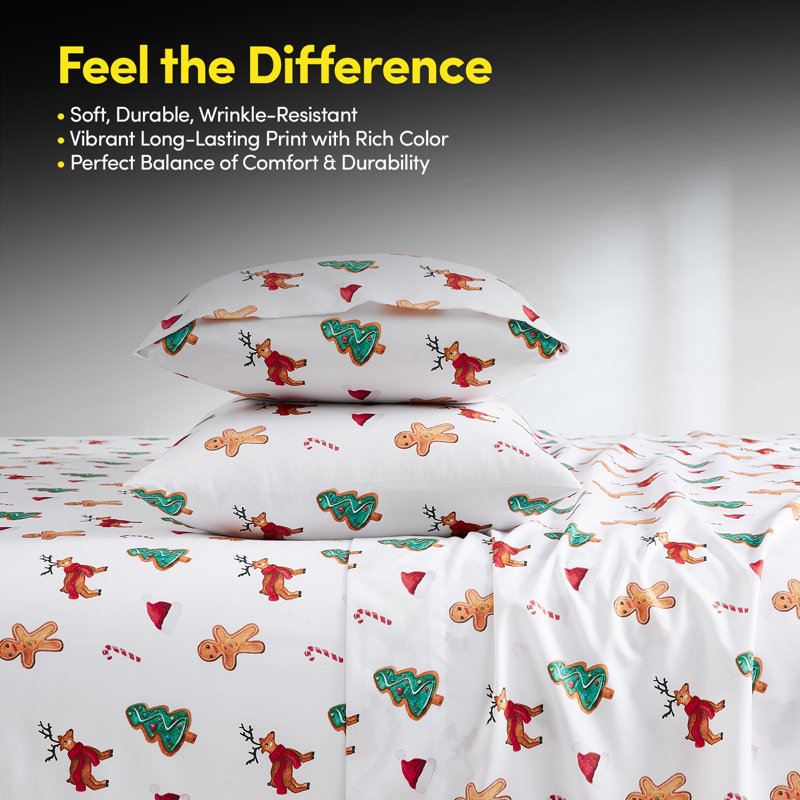 Printed Holiday 4Pc Sheet Sets, Easy Care, Soft & Wrinkle-Resistant Holiday Bedding - Holiday Cookies, King