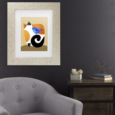 Art mural encadré - Décoration murale Gabriela Avila «Calico Cat and Bluebird» avec cadre mat - Art du salon, de la cuisine et de la salle de bain - 11 x 14