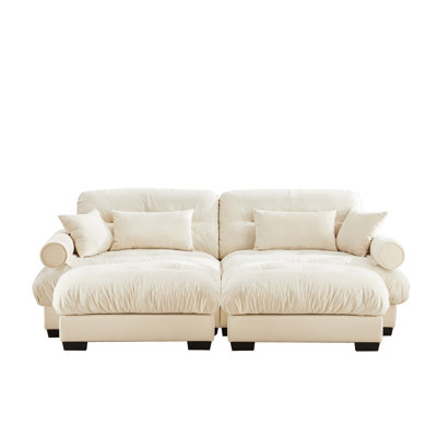 Over Size Modern Two-Seater Sofa With Ottoman, Velvet 2-Seater With Round Bolster Armrests,With Waist Pillow And Throw Pillows,Reading Room , Loft And Bedroom