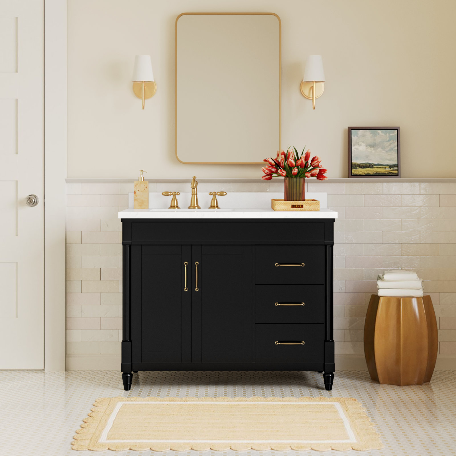 Burdick 42 In Single Off Centered Sink Bathroom Vanity In Pure White, Impress Black