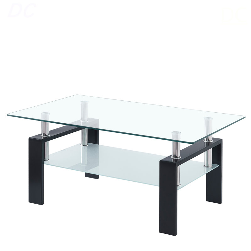 Table basse en verre trempé transparent, table basse de salon à 2 niveaux, table