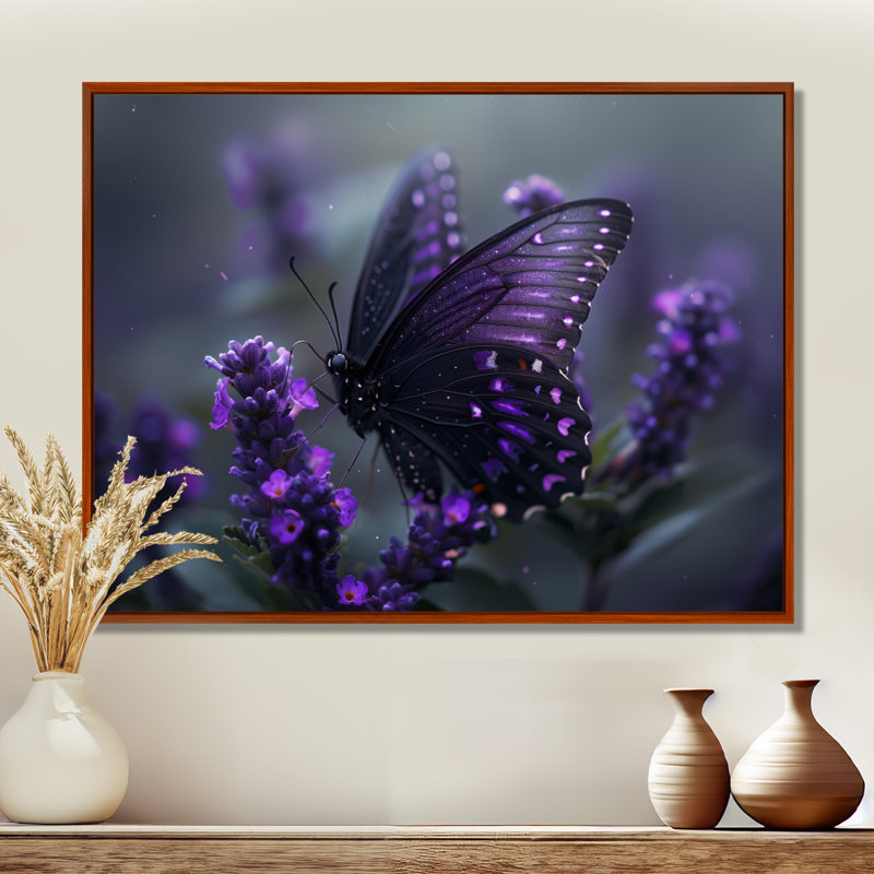 Papillon noir mauve, beauté sur fleur - Art mural papillon, Cadre flottant brun, H 12 po x l 20 po x P 1 po