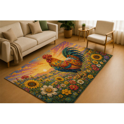 "Ultra Thin" 5' x 7' Colorful Rooster Sunflower Farm Area Rug for Living Room, Soft Low Pile Indoor Rug with Non-Slip Silicone Backing, Country Carpet for Bedroom, Dining Room, Multicolor