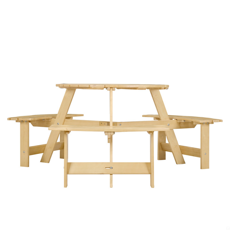 Outdoor 6 Person Picnic Table, 6 Person Round Picnic Table With 3 Built-In Benches, Umbrella Hole, Outside Table And Bench Set