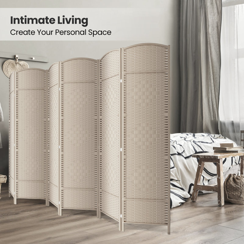 6 Ft Folding Room Divider Privacy Screen Home Decor Diamond Weave Fibre Double Hinges, Beige