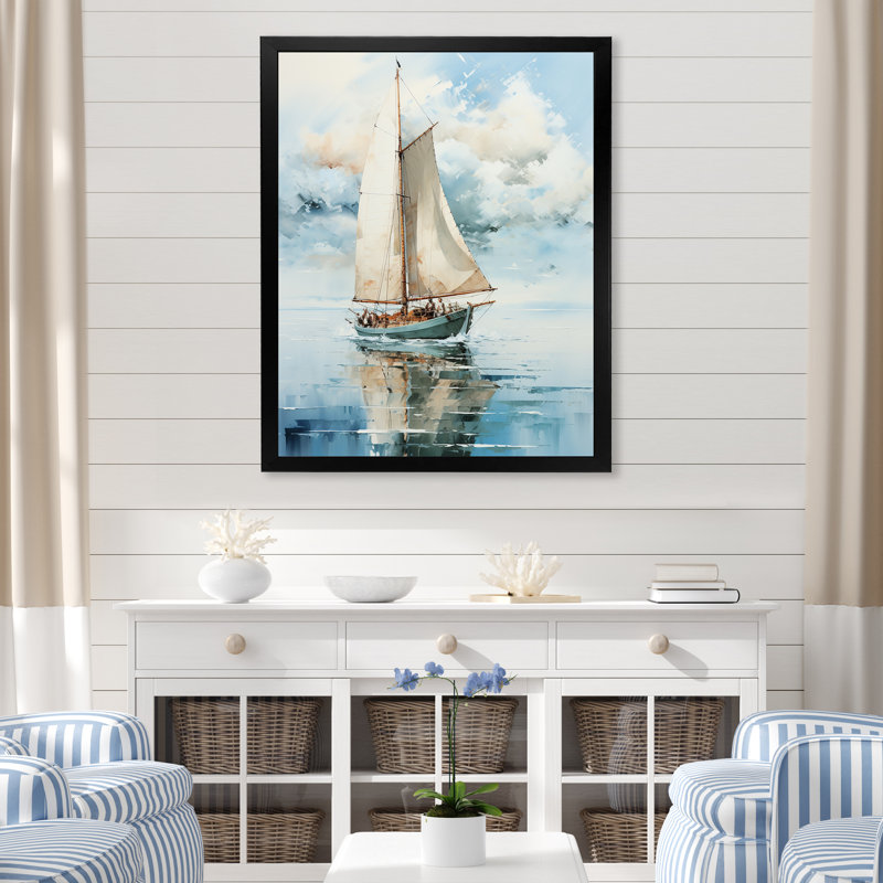 Minimalisme voilier serein II - nautique et plage, reproduction d'art sur toile, Cadre photo noir, L 12 po x H 20 po